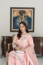 A woman wearing a light pink traditional embroidered outfit sits on a gold-accented chair in front of a dark wooden cabinet, with a framed artwork hanging on the wall behind her.