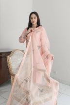 A woman models a light pink traditional outfit with matching embroidered dupatta, standing indoors next to an ornate chair.