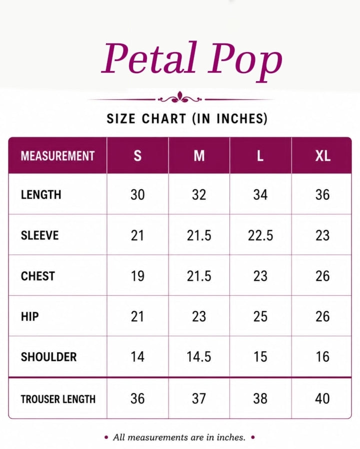 Petal Pop Premium 2 Piece Co-Ord Set Size Chart