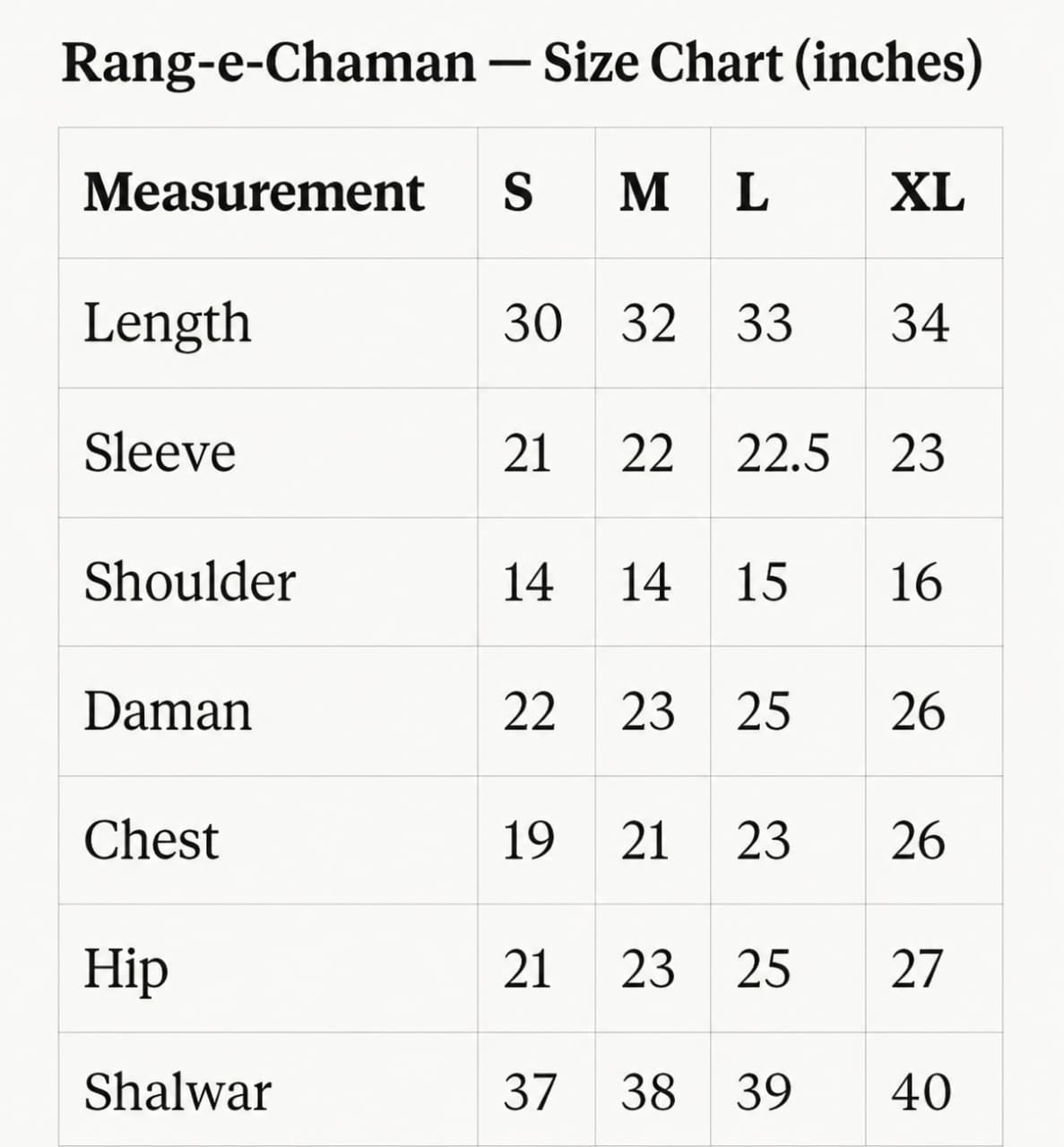Rang-e-Chaman Semiformal Cotton 2 Piece Suit Size Chart
