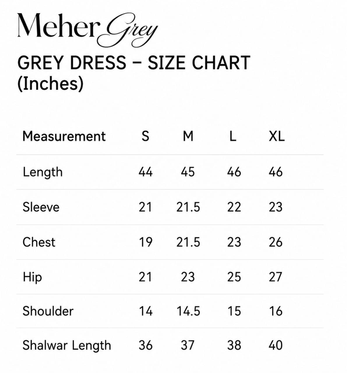 Mehar Grey Embroidered Premium 3 Piece Silk Suit Size Chart