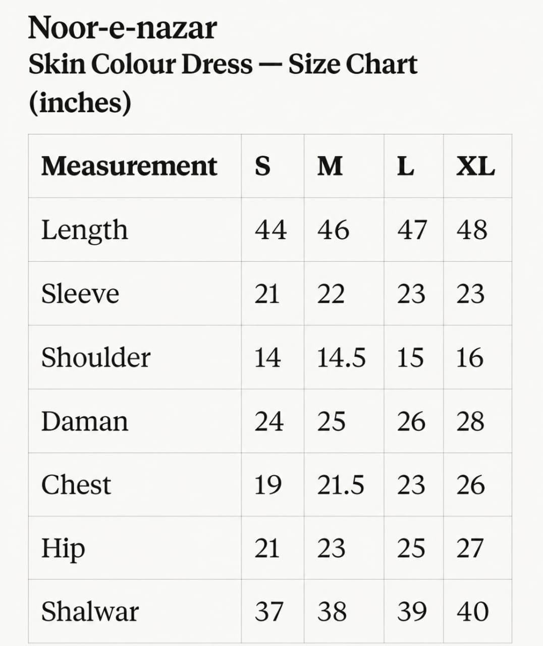 Noor-e-Nazar   Three-Piece Ensemble Size Chart