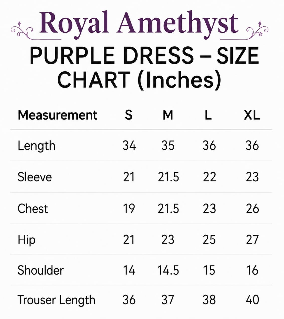 Royal Amethyst Premium Linen 2 Piece Co-Ord Set Size Chart