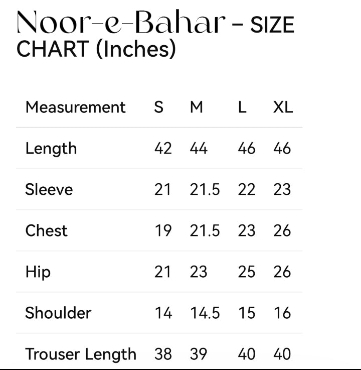 Noor-e-Bahar Embroidered Luxury Premium Habotai Silk Shirt 3 Piece Suit Size Chart