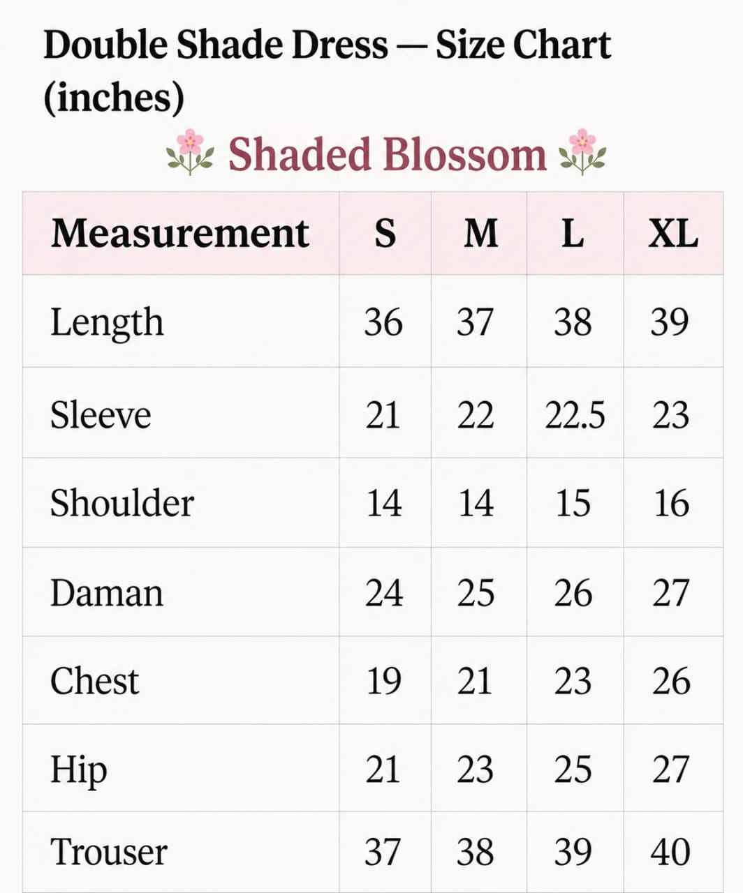 Shaded Blossom Premium 2 Piece Suit Size Chart
