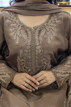 Brown embroidered garment with intricate patterns on a plain background